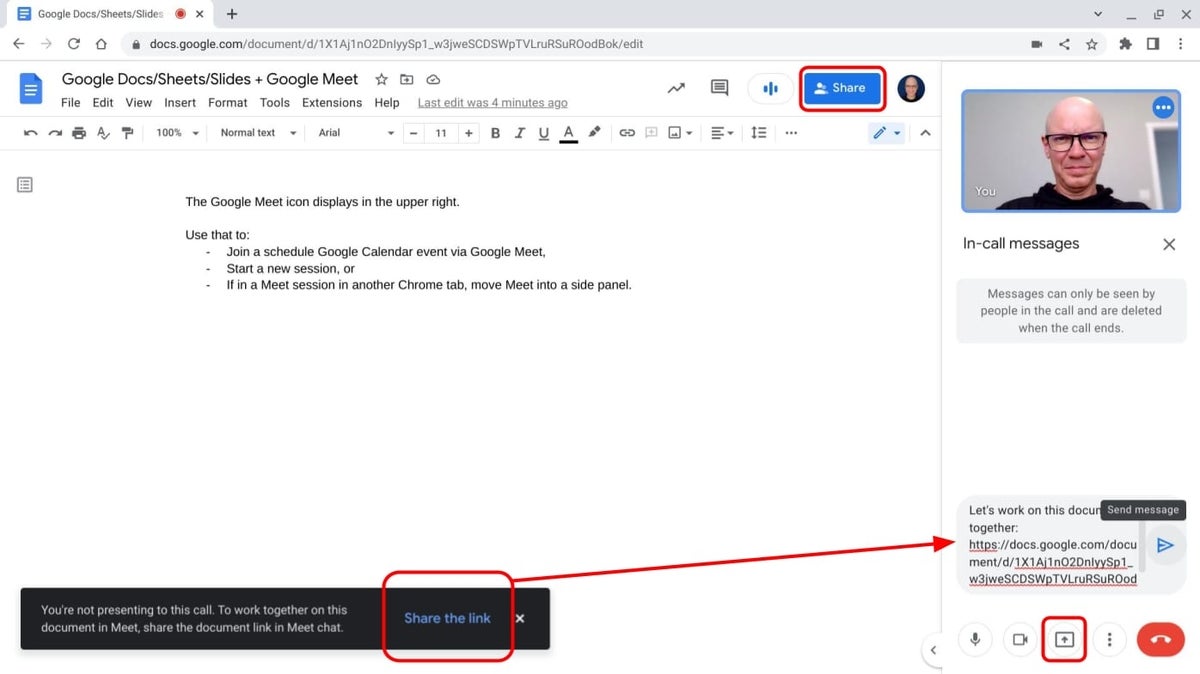 Screenshot of a Google Doc with the “Share the link” temporary message indicated and an arrow pointing to the generated link in the session chat. Present icon is also marked, along with the Share button.