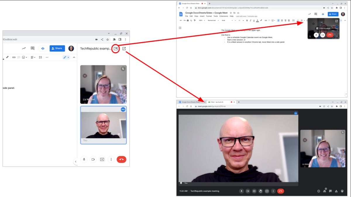 You may move your Google Meet side panel session around. Select picture-in-document to minimize the video and display it as an overlay on your document (circled icon, resulting in the top right setup). Or move from the side panel to a separate Chrome browser tab, resulting in the lower right setup.