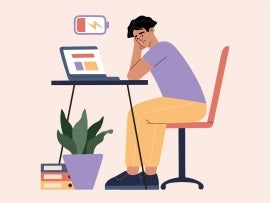 Man tired of hard working, burnout because of work, guy at office sits by the table with laptop and procrastinating, unhappy person overworked and needs battery recharge. Modern trendy illustration