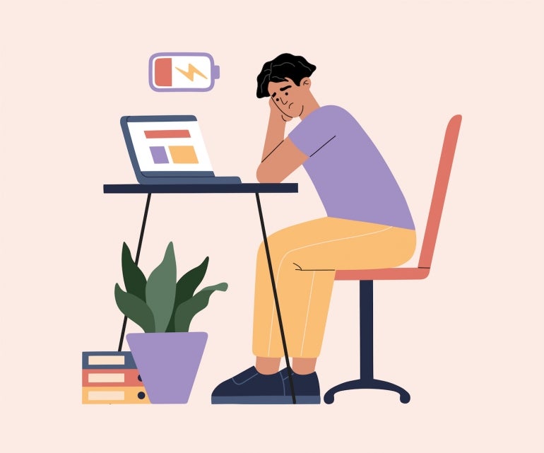 Man tired of hard working, burnout because of work, guy at office sits by the table with laptop and procrastinating, unhappy person overworked and needs battery recharge. Modern trendy illustration