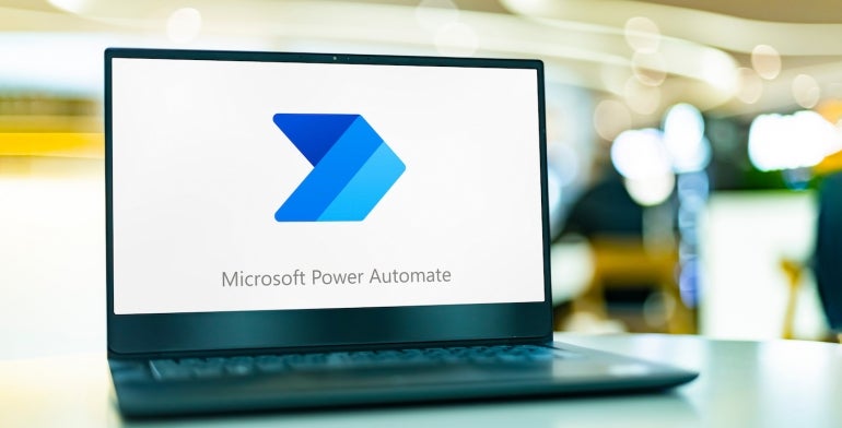 Laptop computer displaying logo of Microsoft Power Automate