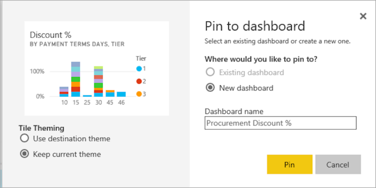 Menu pop-up to choose to pin the Excel chart tile to a new or existing Microsoft Power BI dashboard