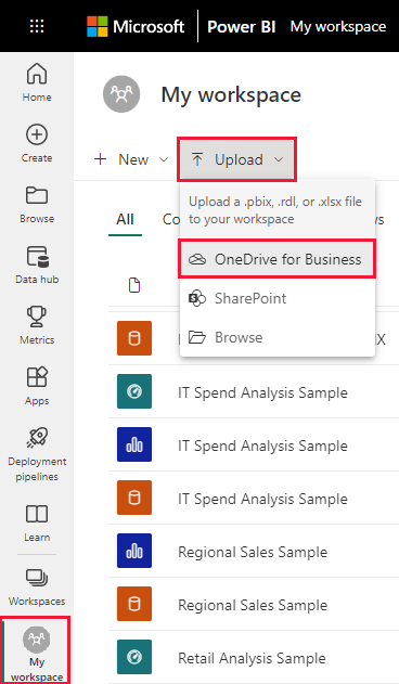 The Upload dropdown in My Workspace with OneDrive for Business selected