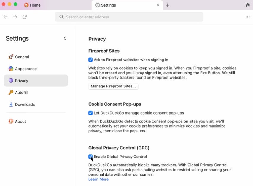 Screenshot of DuckDuckGo privacy settings.