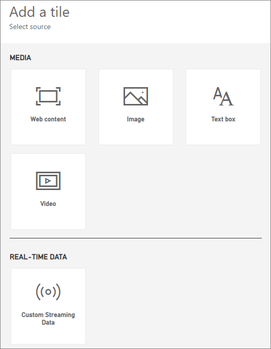 Different tile options available in Power BI, including web content, images, text boxes, videos, and custom streaming data