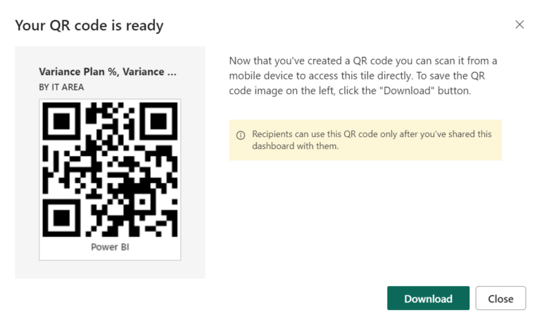 Power BI Your QR code is ready pop-up with a sample QR code visible for users to download