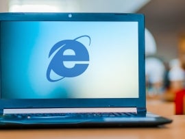 Image of the Internet Explorer logo on a laptop screen.