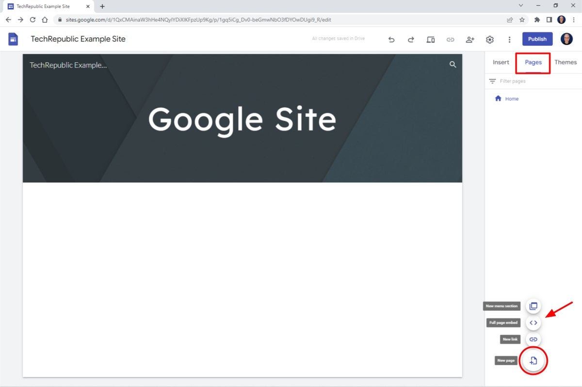 a page with indicators to show how to embed content as a full page in Google Sites