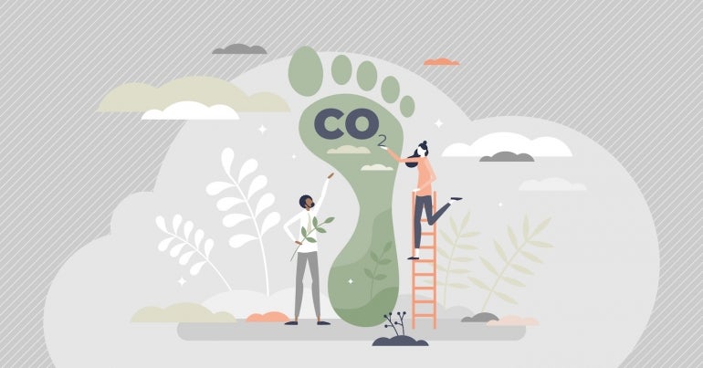 Carbon footprint as CO2 emission pollution amount in air tiny person concept. Dioxide greenhouse gases as climate change reason vector illustration. Foot symbol as industrial toxic effect warning.