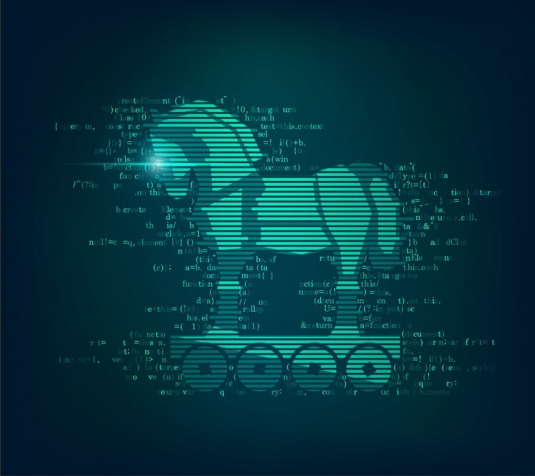concept of computer virus on the internet, trojan horse combined with coding program