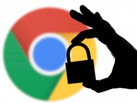 Google Chrome security issues. Silhouette of a hand holding a padlock infront of the google chrome logo