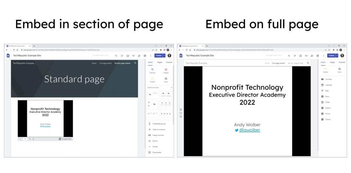 side-by-side comparison of embedded content in a section of a page versus the full page