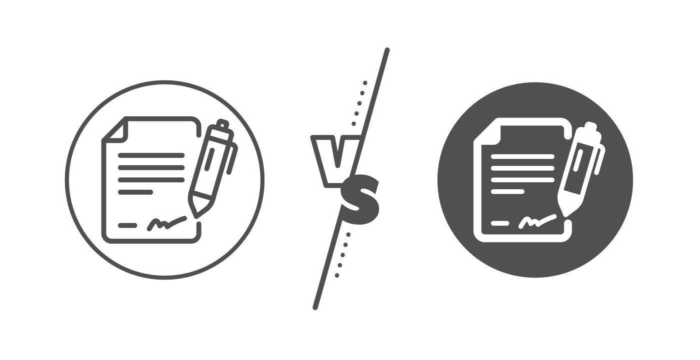 signing a document icon using a black outline and signing a document icon with a white outline and black fill