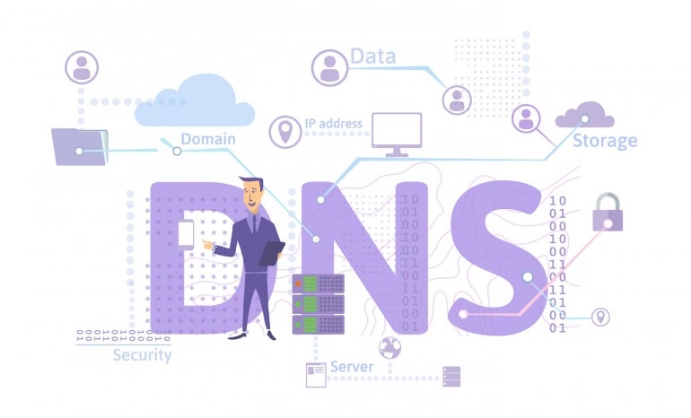 DNS concept, Domain Name System. Decentralized naming system for computers, devices, services, or other resources. Vector illustration in flat style, isolated on white.