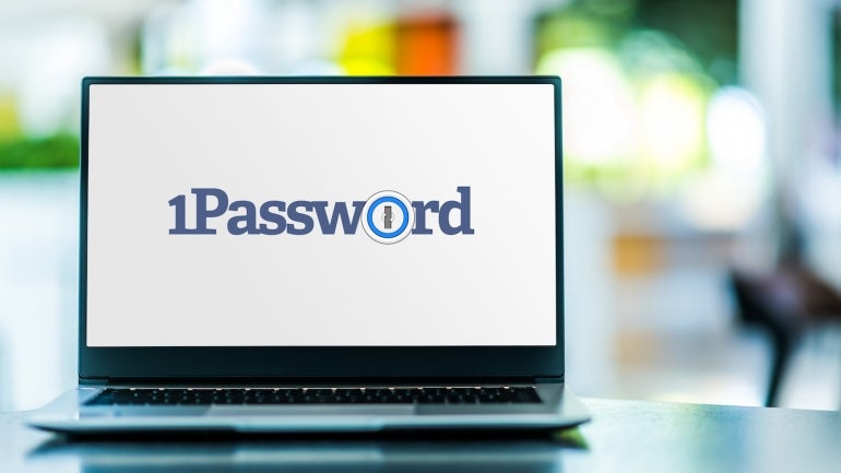 Laptop computer displaying logo of 1Password