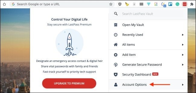 lastpass account menu with an arrow pointing to account options