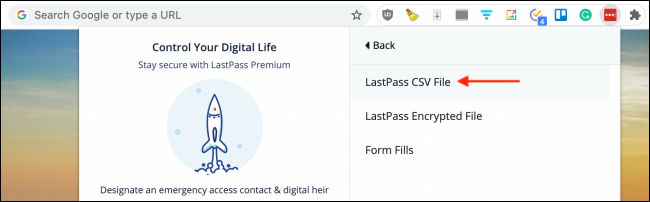 lastpass export menu with an arrow pointed at LastPass CSV File