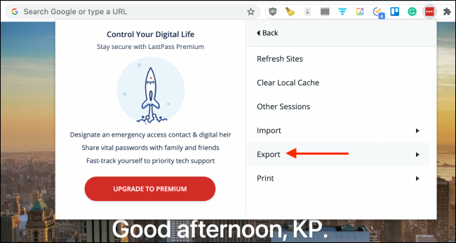 lastpass advanced account options menu with an arrow pointed at Export