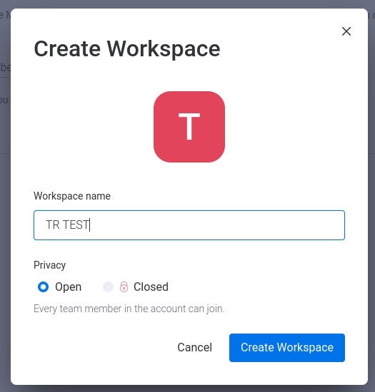 monday work management create workspace menu pop-up