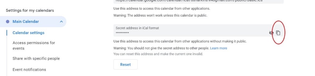 indicator for where to find a calendar's secret iCal address