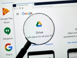 MONTREAL, CANADA - APRIL 26, 2019: Google Drive logo and app on a home page. Google is an American multinational technology company that specializes on Internet services and products.