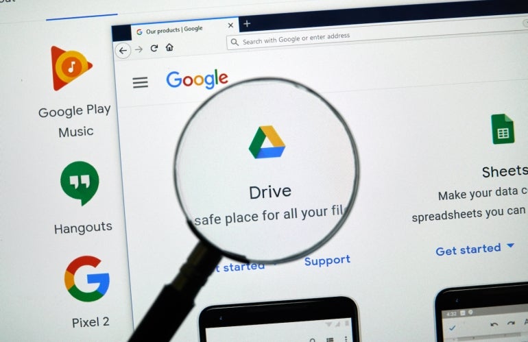 MONTREAL, CANADA - APRIL 26, 2019: Google Drive logo and app on a home page. Google is an American multinational technology company that specializes on Internet services and products.