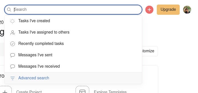 open the search bar at the top of Asana to access advanced search.