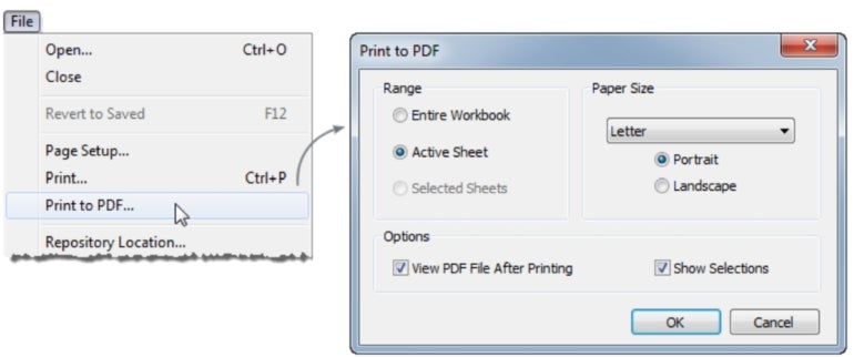 Tableau print to PDF dialog box.
