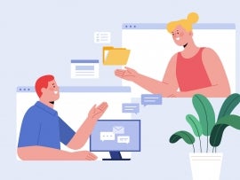Flat illustration of woman sending files to the man. Concept of document share and file transfer software.