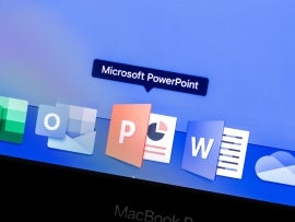 Microsoft PowerPoint app on the display MacBook closeup. Microsoft Services. Microsoft PowerPoint - Presentation and Presentation Viewer. Moscow, Russia - August 24, 2019