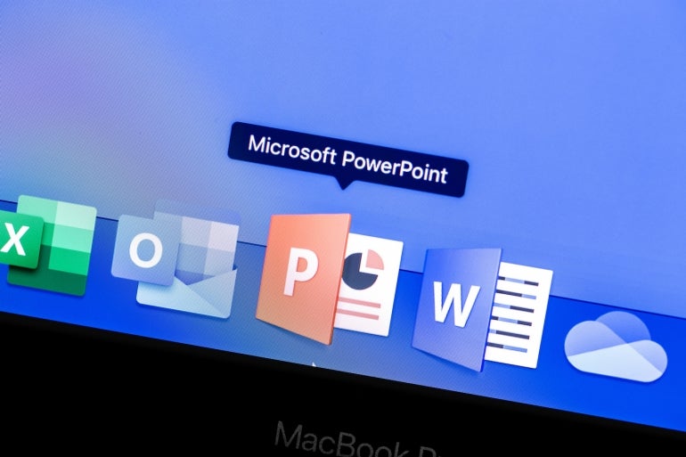 Microsoft PowerPoint app on the display MacBook closeup. Microsoft Services. Microsoft PowerPoint - Presentation and Presentation Viewer. Moscow, Russia - August 24, 2019