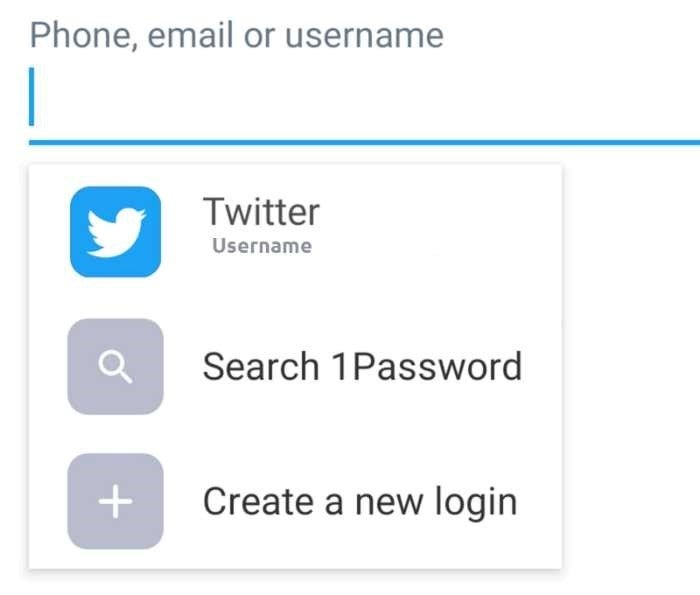 Twitter login autofill option in the username field of the Twitter app.