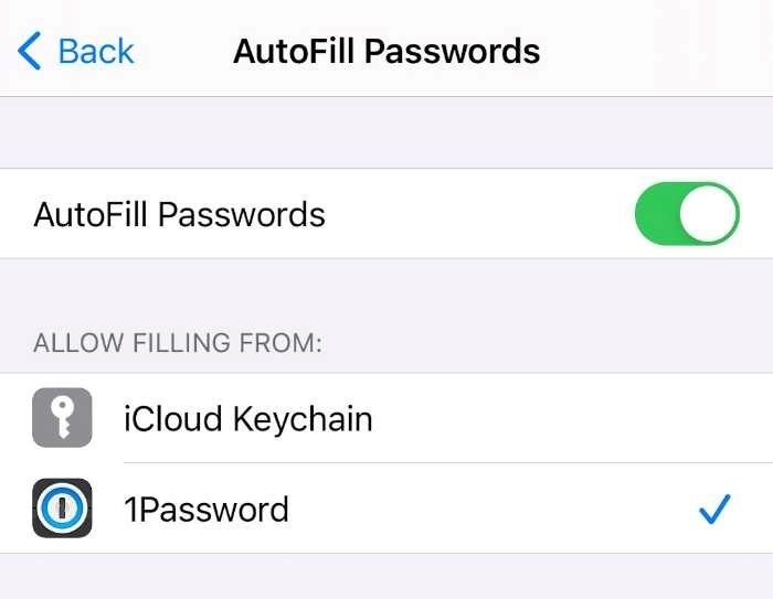 AutoFill Passwords for mobile apps menu in 1Password
