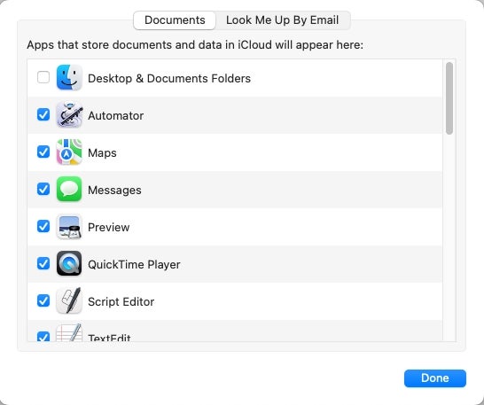 Screen shot of Apple iCloud menu