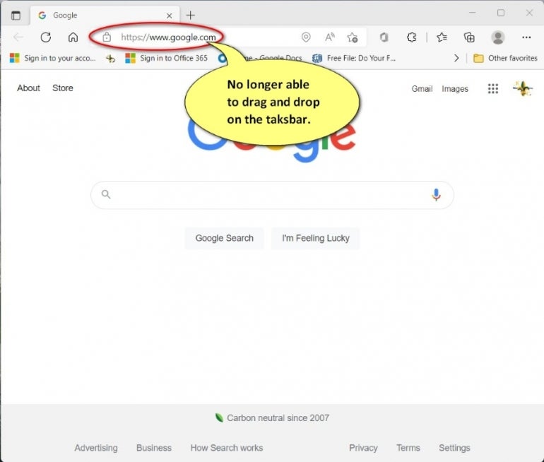 Google link circled with a note saying "No longer able to drag and drop to the taskbar"