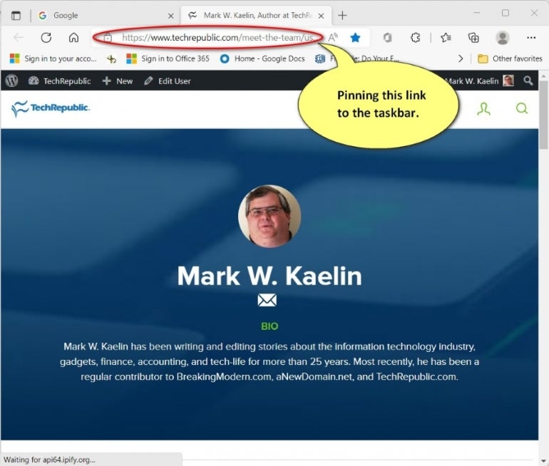 link to Mark W. Kaelin's author page circled with a note saying "Pinning this link to the taskbar."