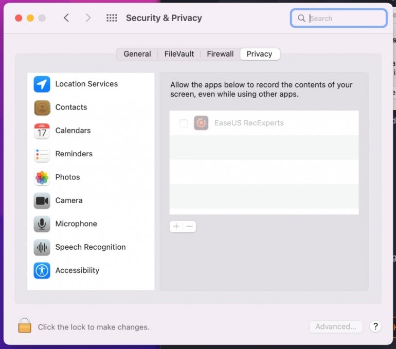 EaseUS Security and Privacy window