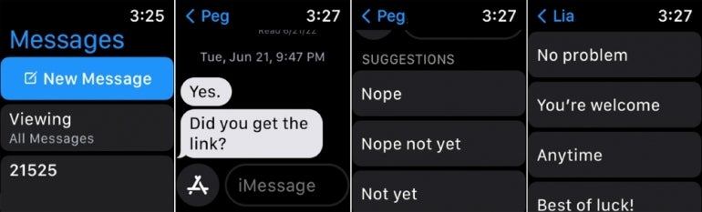 an Apple Watch displaying the range of smart text replies options available