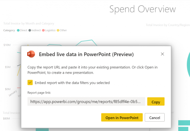 Embed live data in Power BI (Preview) menu