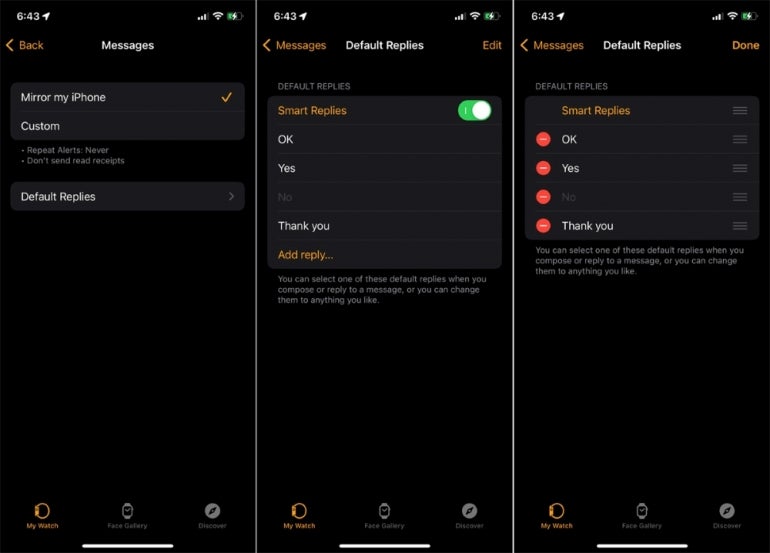 Apple Watch menu for removing smart text replies