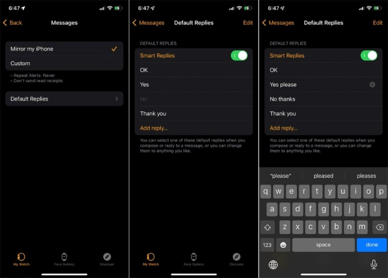 options for editing Apple Watch smart text replies