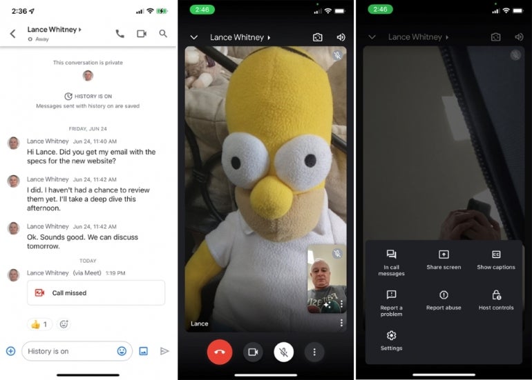 video call on Gmail app, featuring a Homer Simpson doll as the other caller