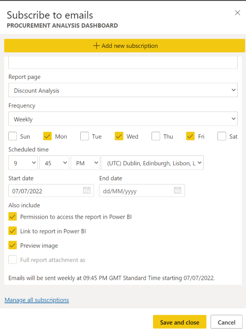 Subscribe to emails menu in Power BI