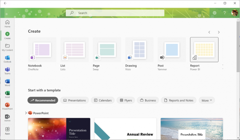 The Office hub Create menu with Reports highlighted