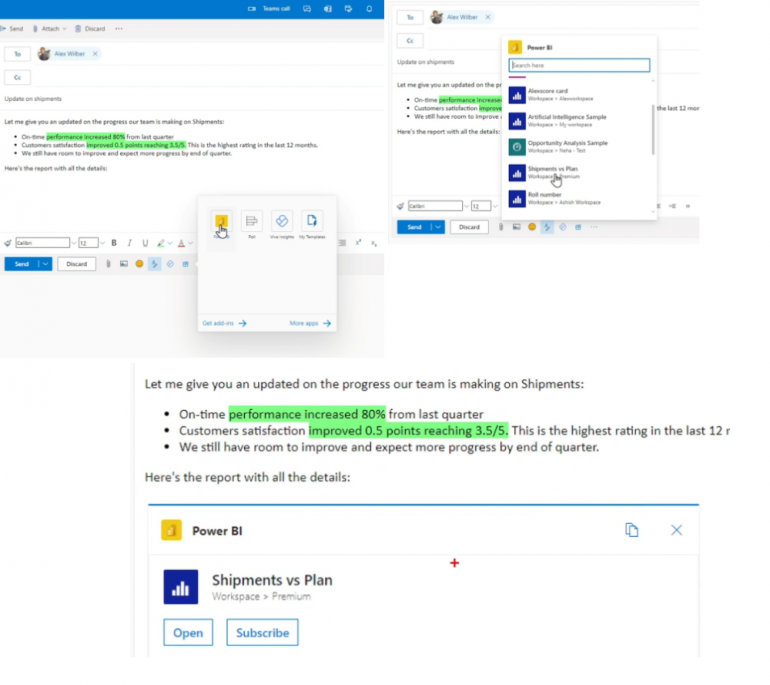 An Outlook email with text highlighted that a report will be embedded in