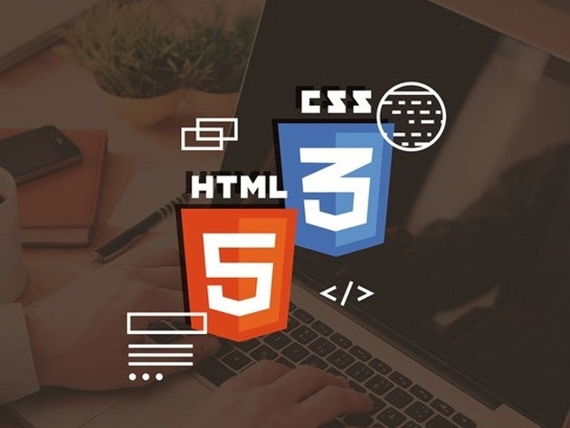 HTML5 and CSS3 logos hovering over a person working on a laptop
