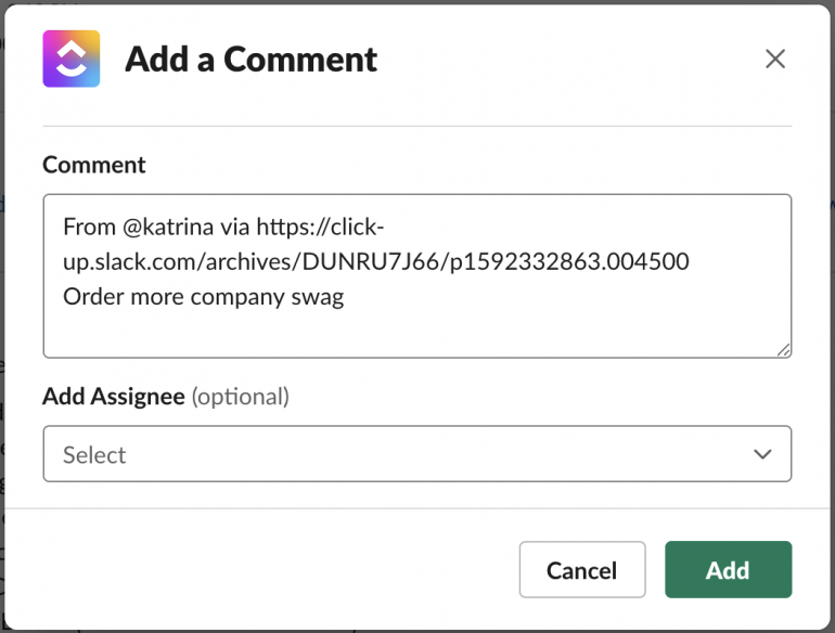 Adding a comment to a task in Slack