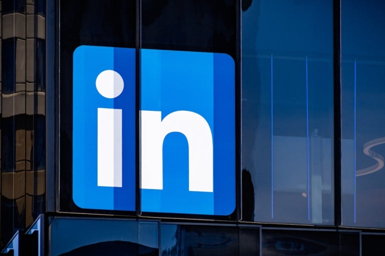 Large LinkedIn sign at the company's San Francisco offices; LinkedIn is an American business and employment-oriented service and it owned by Microsoft