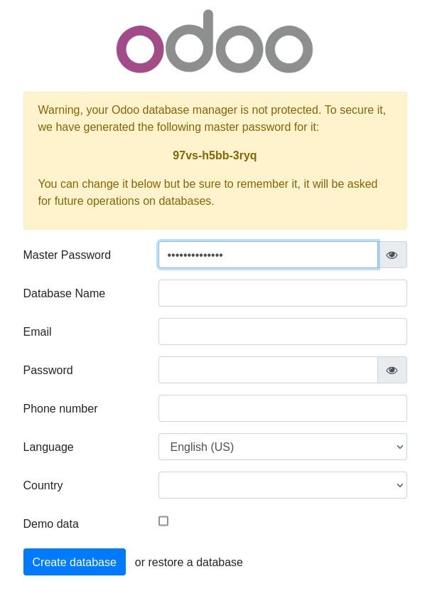 database admin setup for Odoo