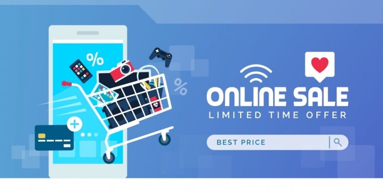 shopping cart full of electronics and tech in front of a phone with the text Online Sale Limited Time Offer to the right
